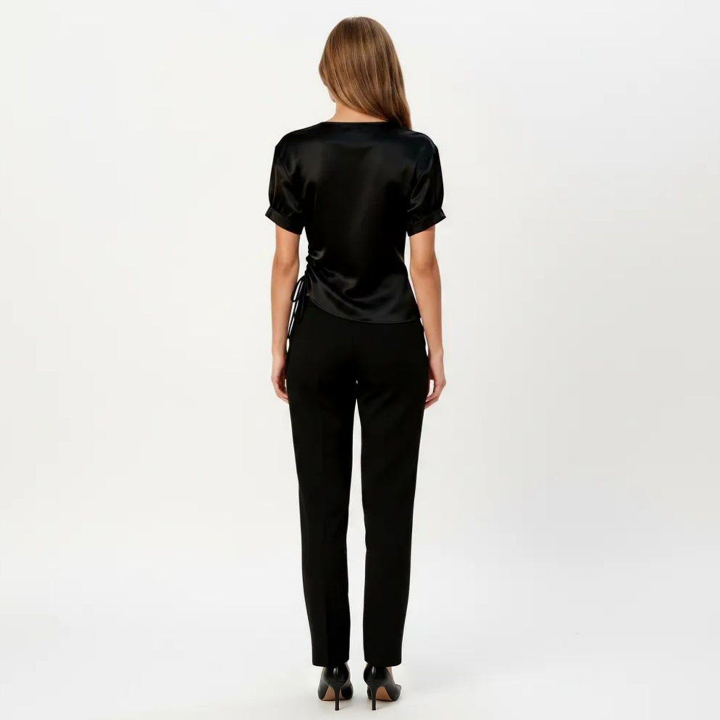 Satin V Neck Blouse with Puff Sleeves and Side Ruched Drawstring