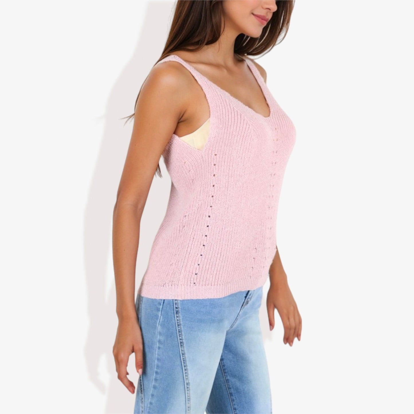 V-Neck Knit Tank Top With Eyelet Detail