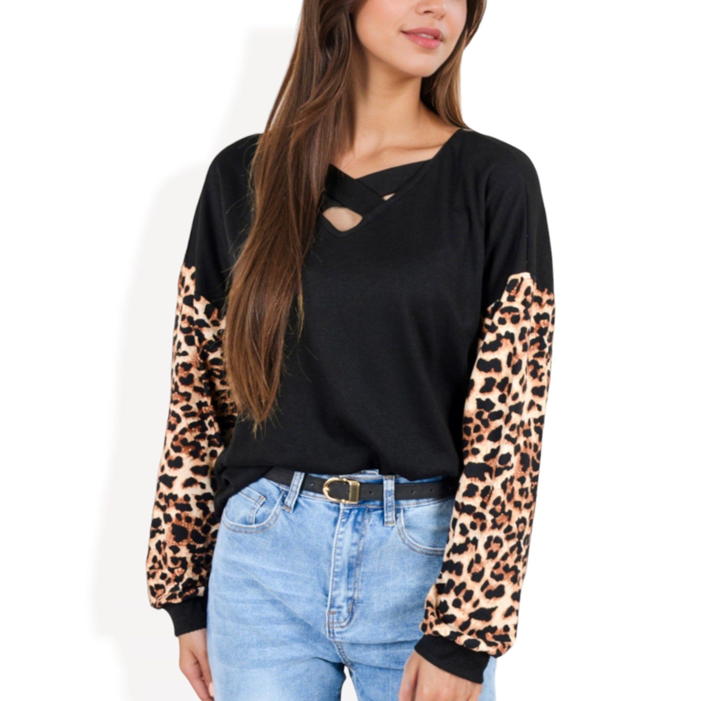 Crisscross V-Neck Top with Leopard Print Sleeves