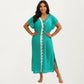 Maxi Swim Cover Up Dress with Crochet Trim V Neck Short Sleeves Relaxed Lightweight Fit