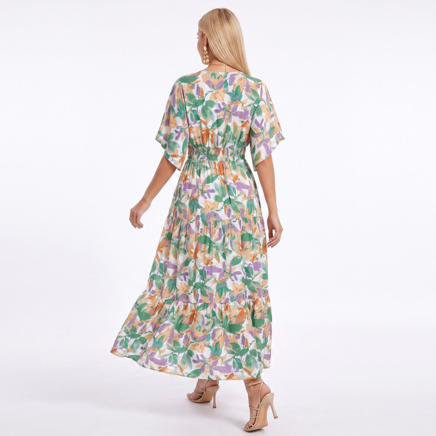 Abstract Floral V Neck Tiered Maxi Dress