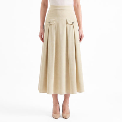 High Waist Pleated Midi Skirt A Line Flap Pocket Detail Textured Skirt