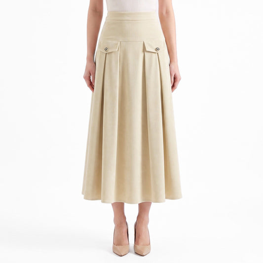 High Waist Pleated Midi Skirt A Line Flap Pocket Detail Textured Skirt