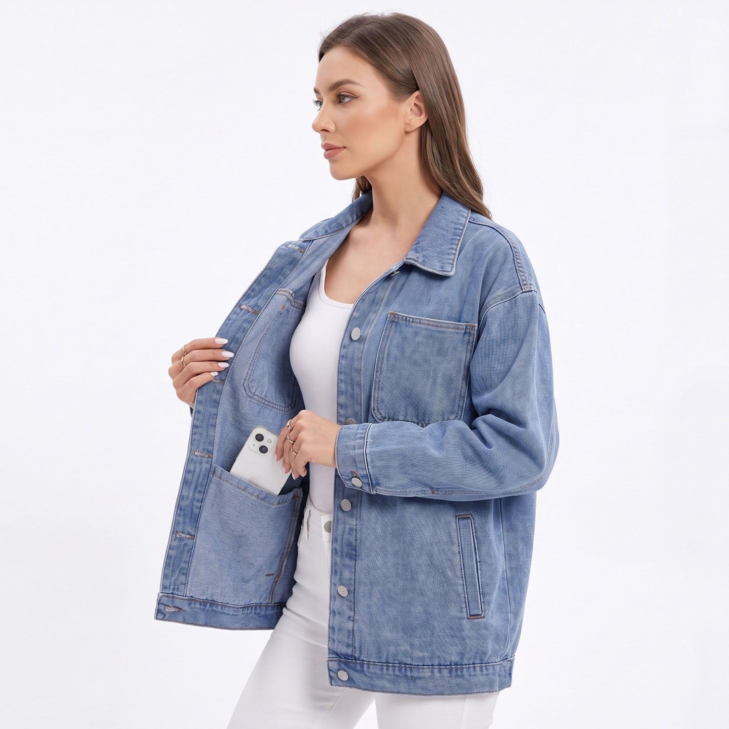 Oversized Denim Jacket Button Front Long Sleeve Casual Jean Shacket With Pockets