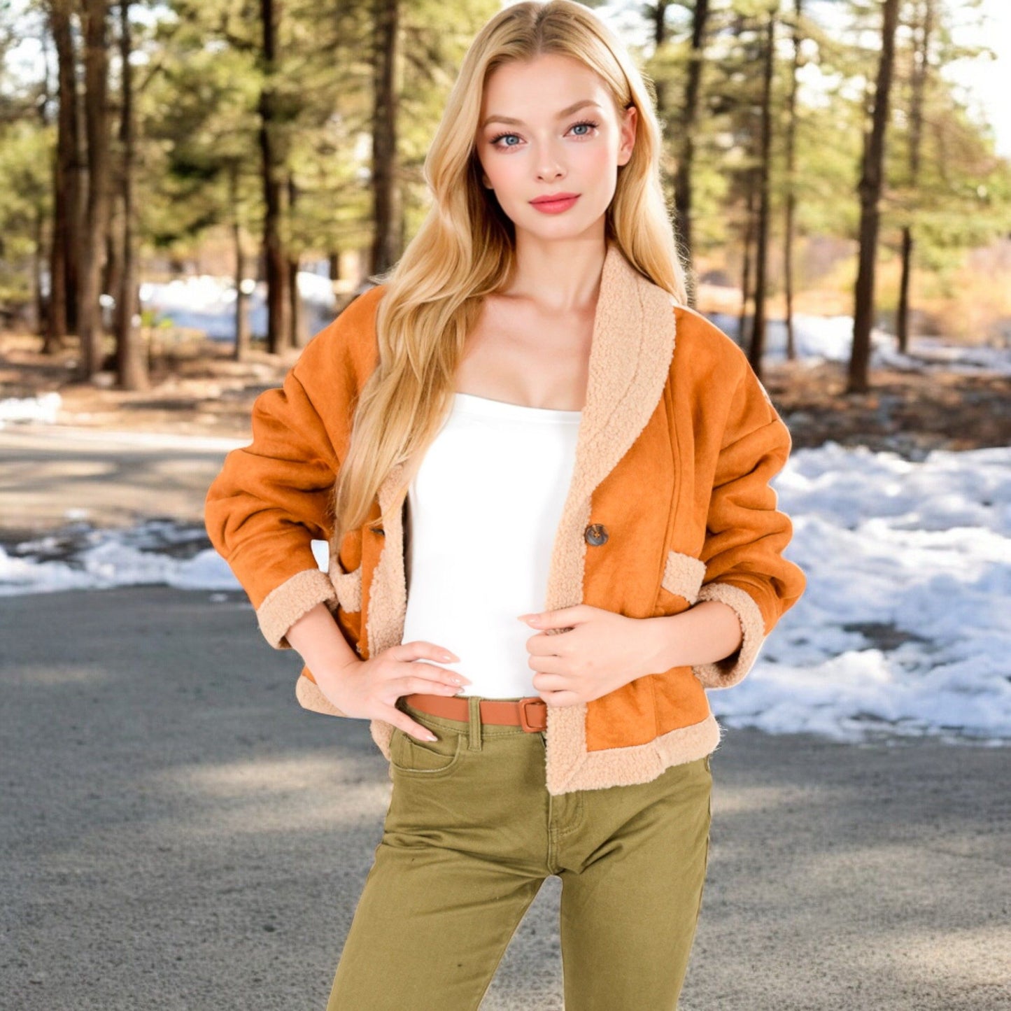 Faux Shearling Jacket with Shawl Collar and Contrast Trim