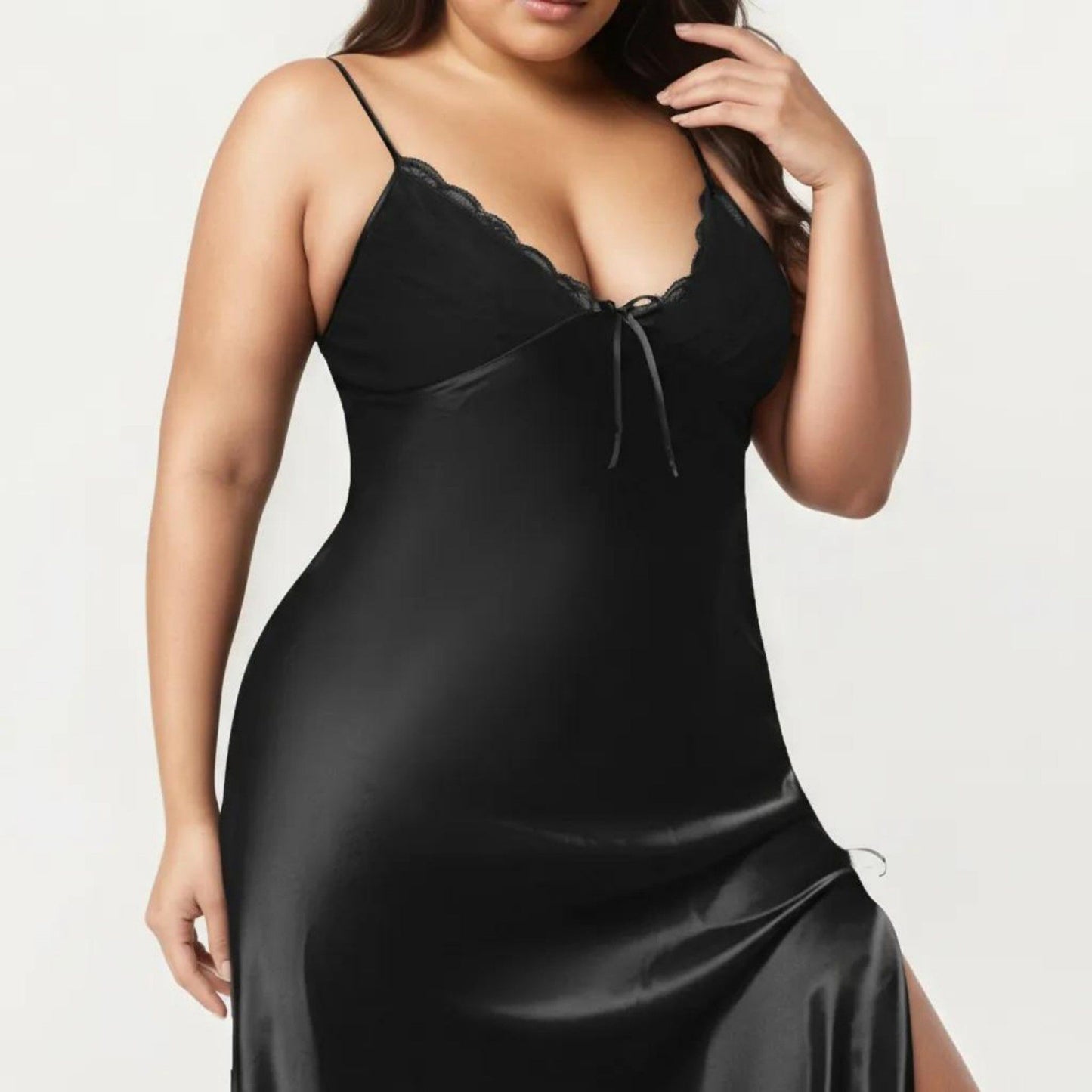 Plus Size Satin Chemise Nightgown with Lace Trim Neckline Adjustable Straps Side Slit Slip Dress