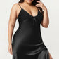 Plus Size Satin Chemise Nightgown with Lace Trim Neckline Adjustable Straps Side Slit Slip Dress