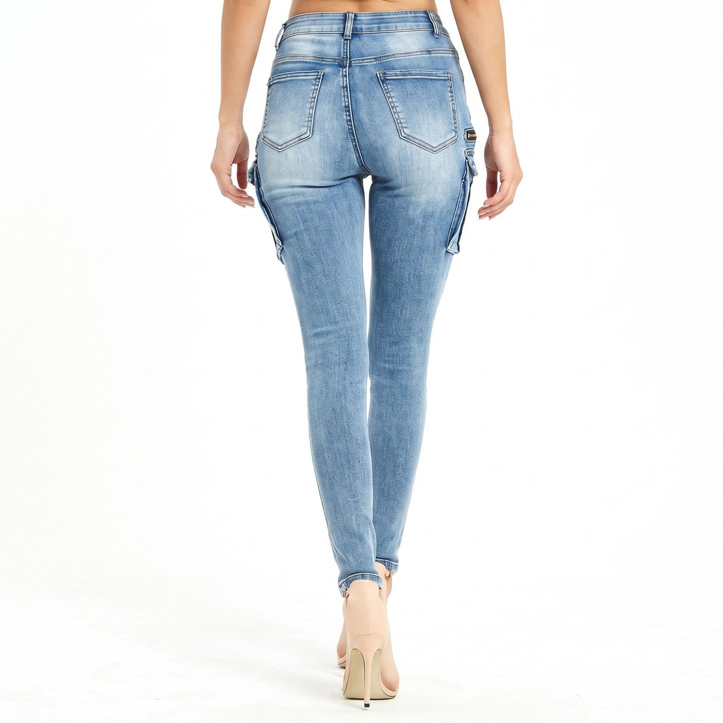 Mid Rise Cargo Skinny Jeans with Utility Pockets and Zipper Details