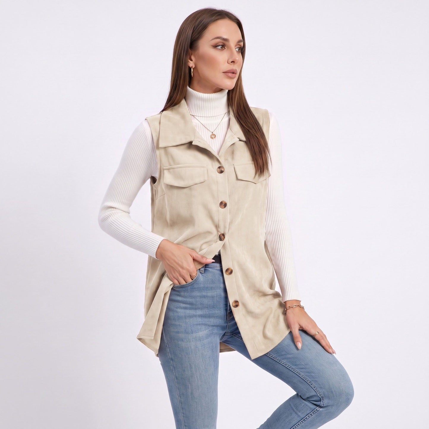 Button Front Corduroy Vest with Flap Pockets