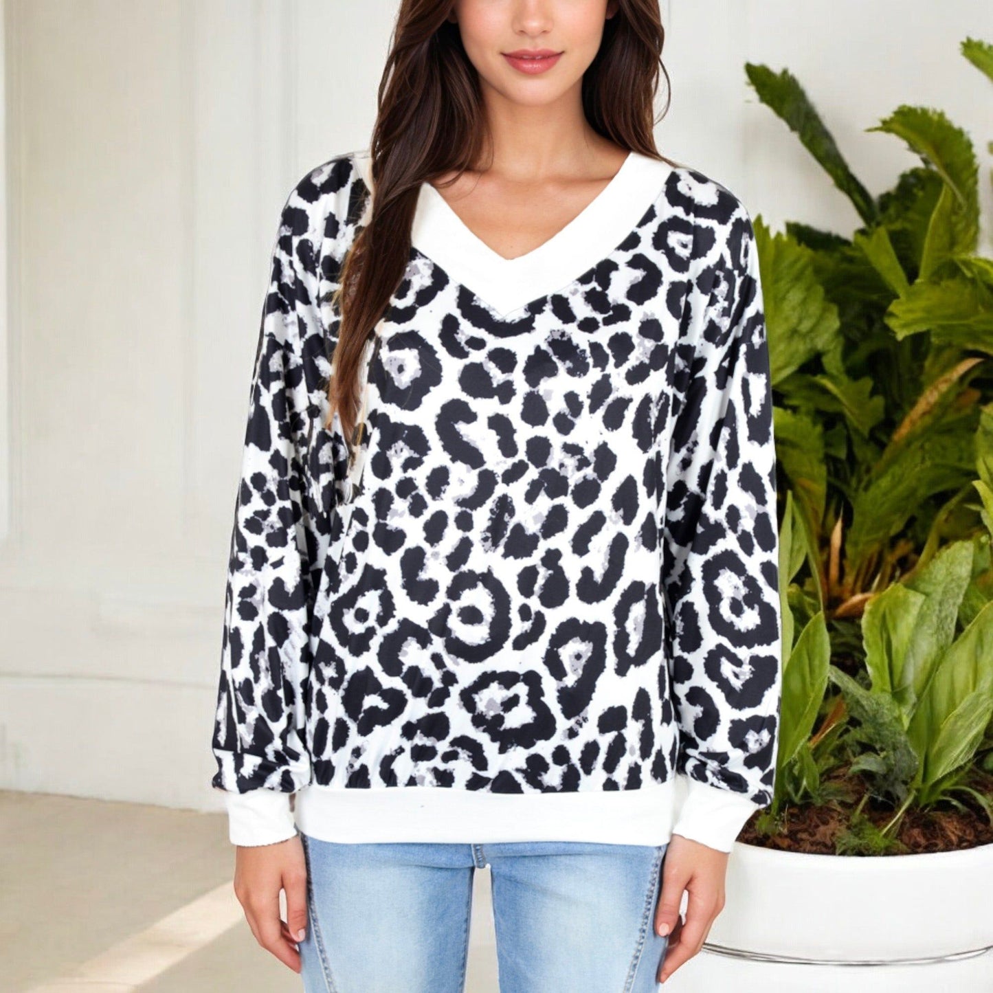 Leopard Print V-Neck Long Sleeve Pullover with Contrast Trim