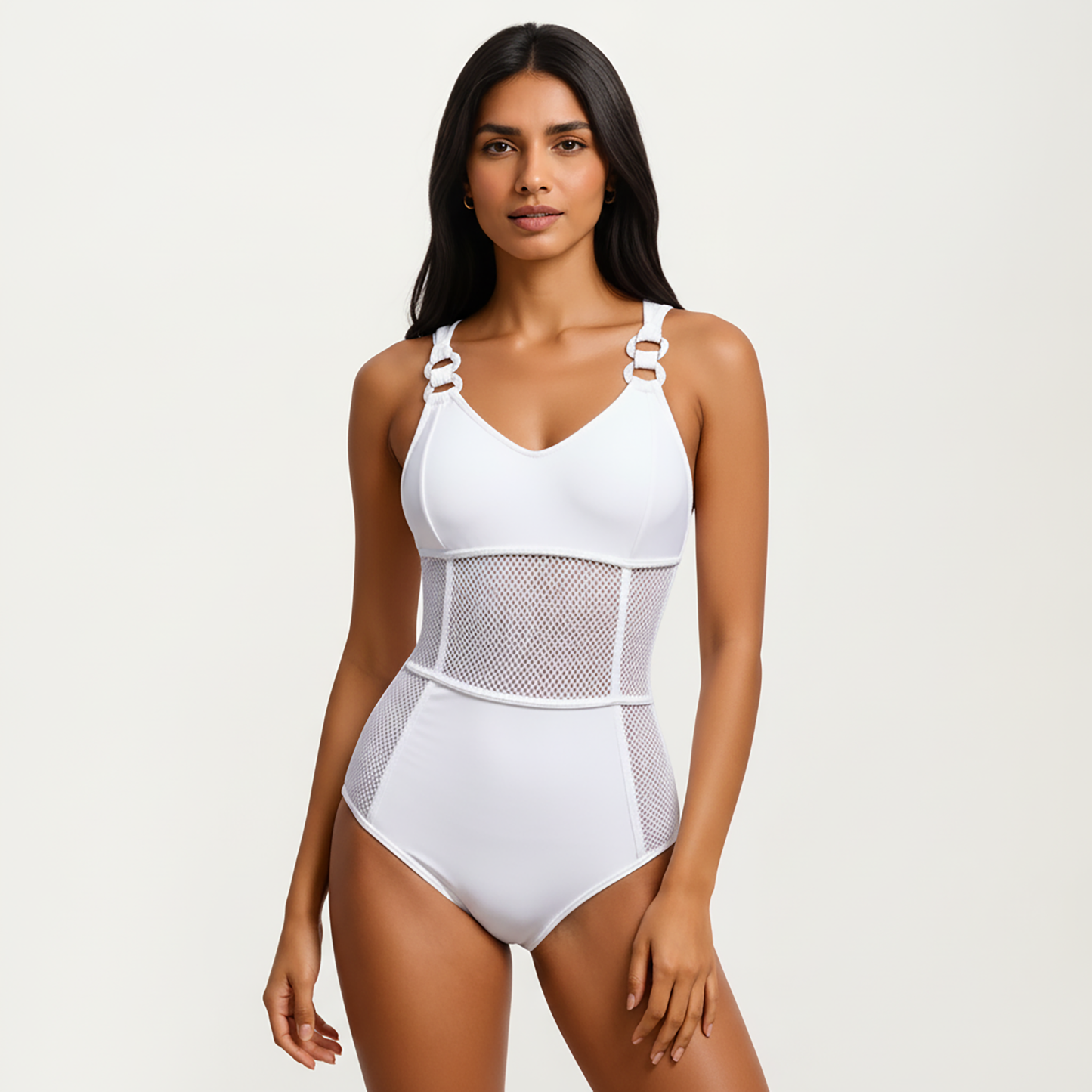 Mesh Panel One Piece Swimsuit with Ring Strap Detail and Sculpted Fit