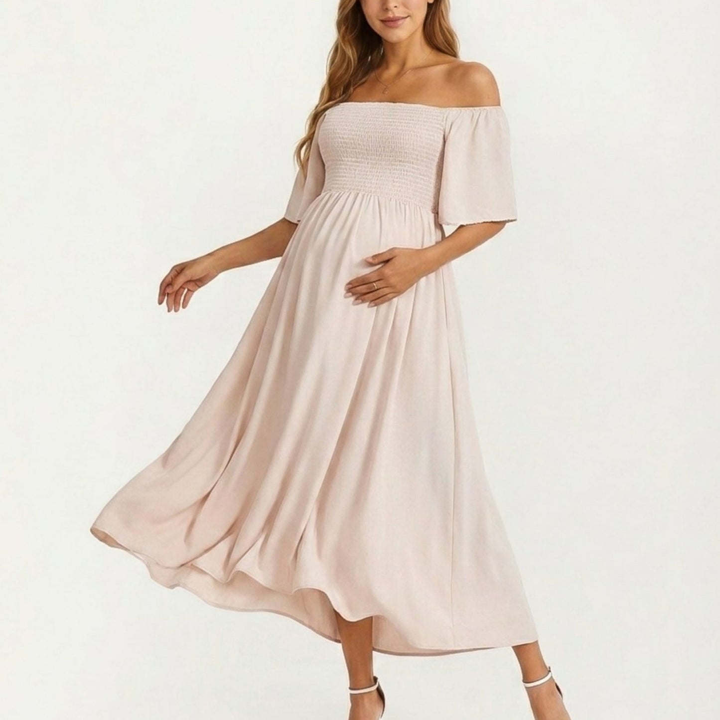 Maternity Off Shoulder Smocked Maxi Dress with Short Sleeves and Flowy Skirt