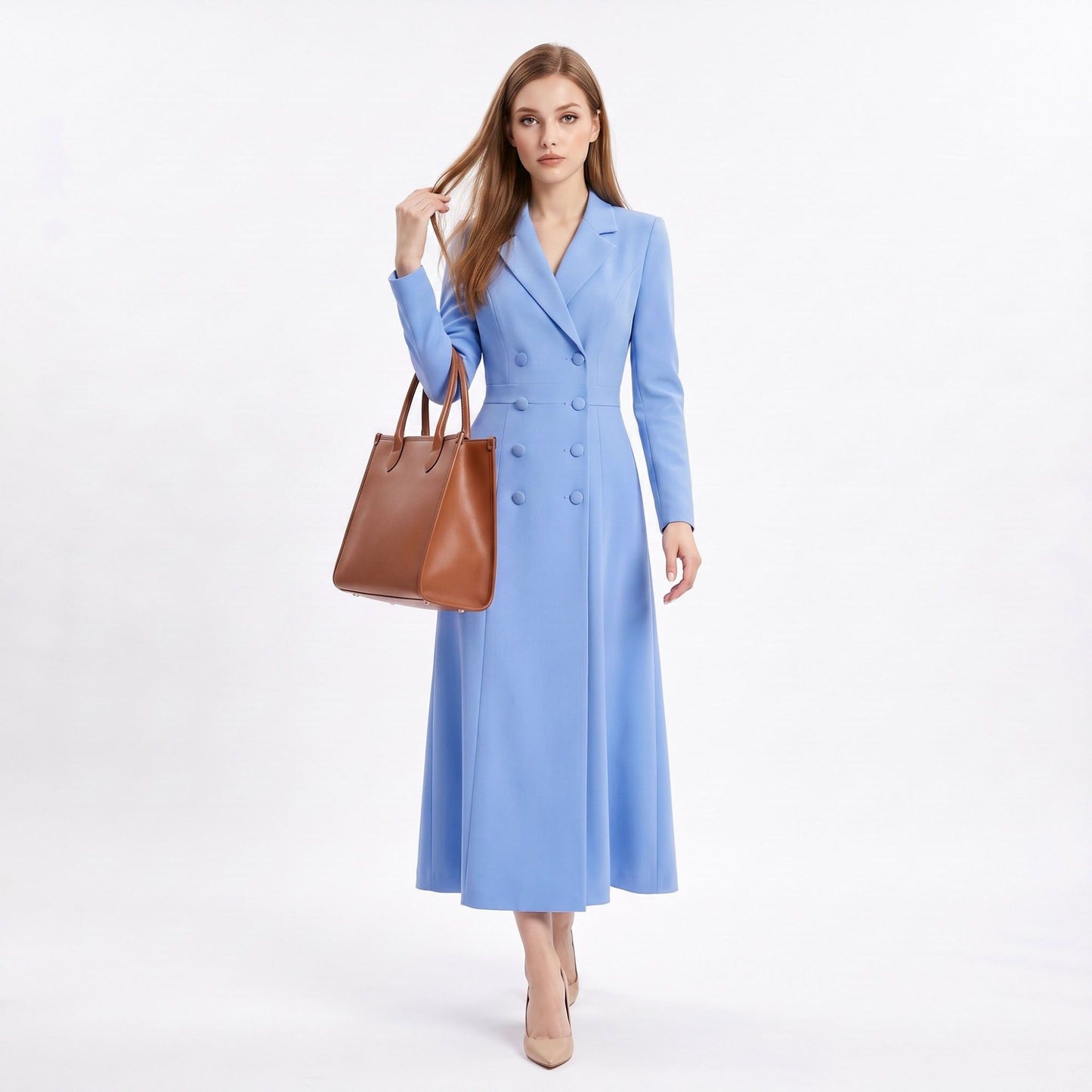 Long Sleeve Double Breasted Blazer Midi Dress with Notched Lapels