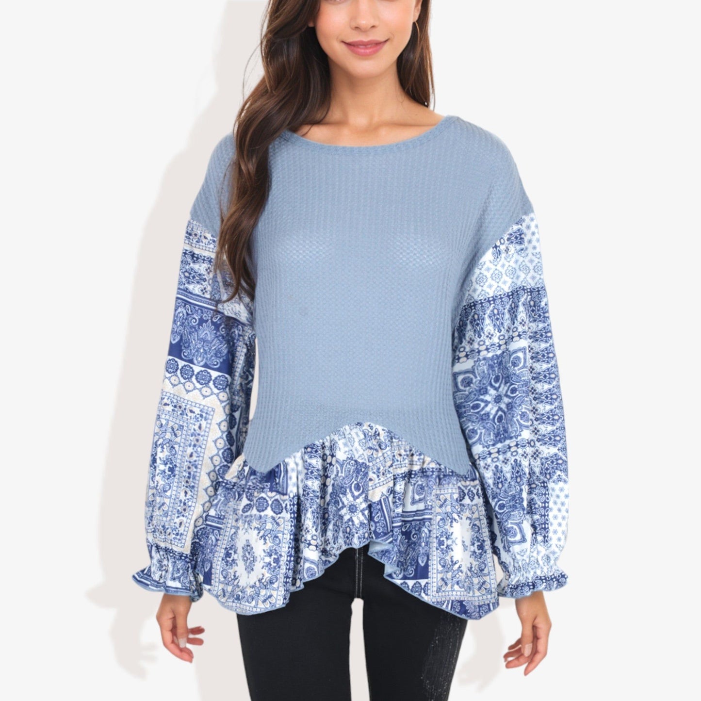 Handkerchief Hem Paisley Waffle Knit Pullover