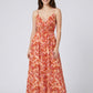 Abstract Floral Print Smocked Waist Spaghetti Strap V-Neck Maxi Dress with Surplice Bodice and Flowy Skirt