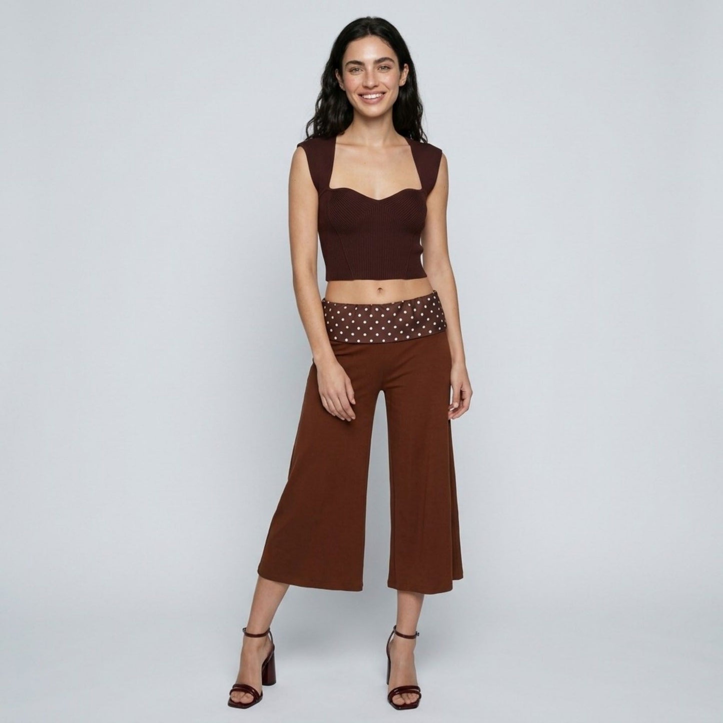 Polka Dot Contrast Waistband Cropped Wide-Leg Trousers
