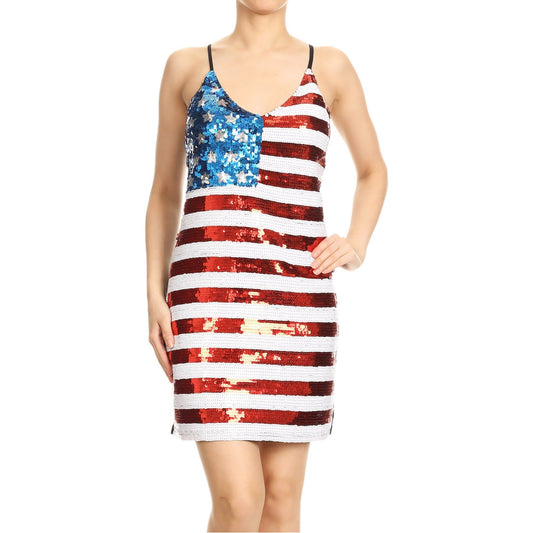 Spaghetti Strap Patriotic Sequin Dress