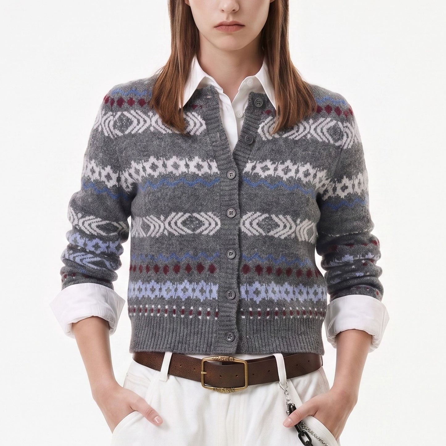 Geometric Pattern Button Front Knit Cardigan Sweater