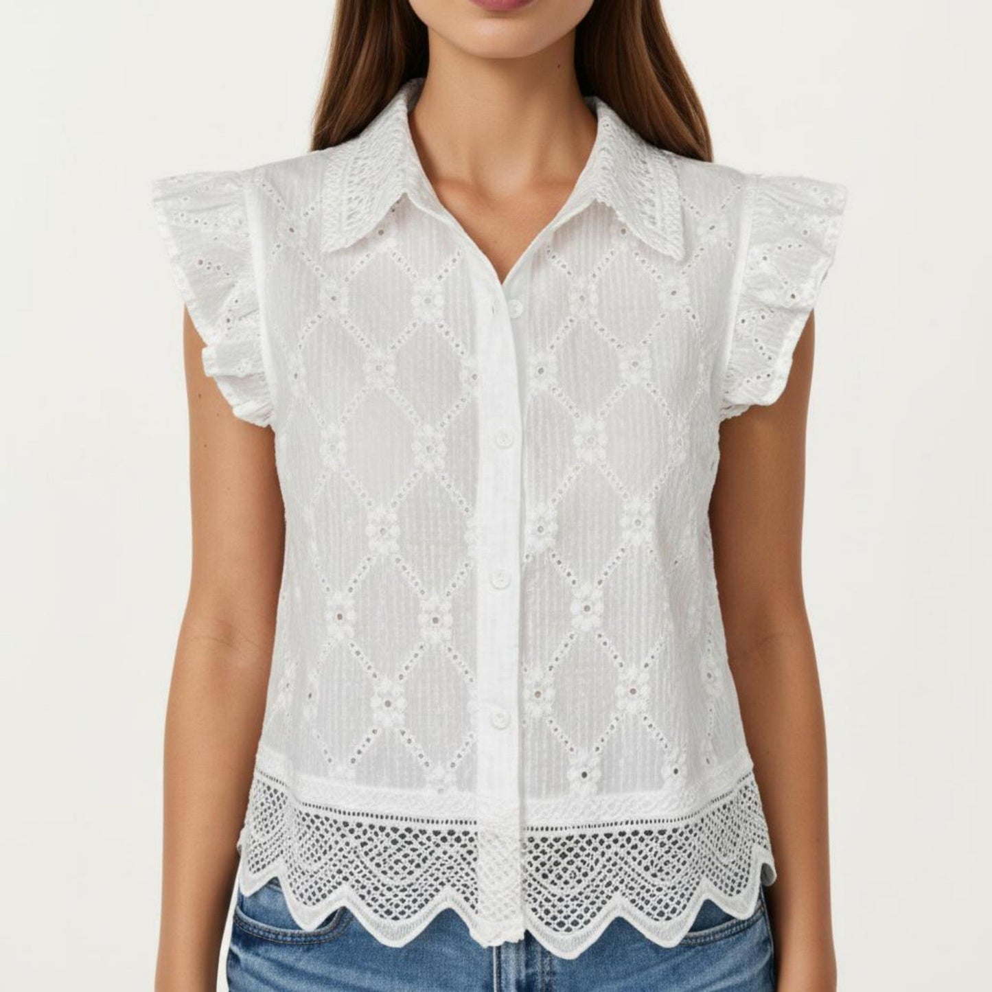 Sleeveless Button Front Eyelet Top with Ruffle Shoulders and Scalloped Hem