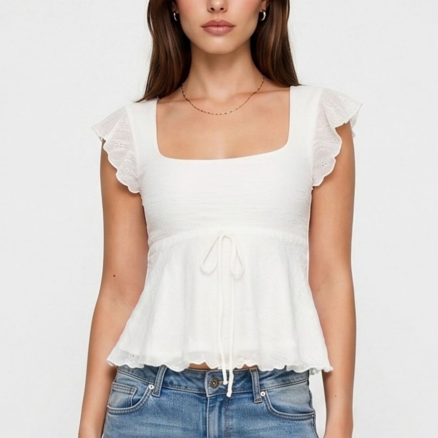 Square Neck Peplum Top with Ruffle Sleeves and Front Tie Detail