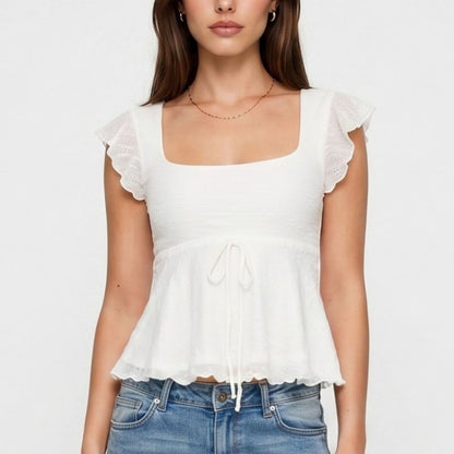 Square Neck Peplum Top with Ruffle Sleeves and Front Tie Detail
