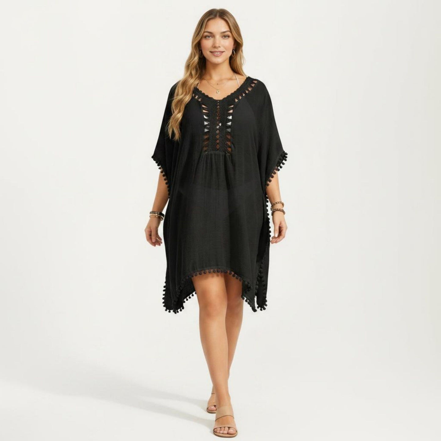 Swim Cover Up Dress with Crochet Cutout Neckline Pom Trim Hem Loose Short Sleeves Relaxed Fit