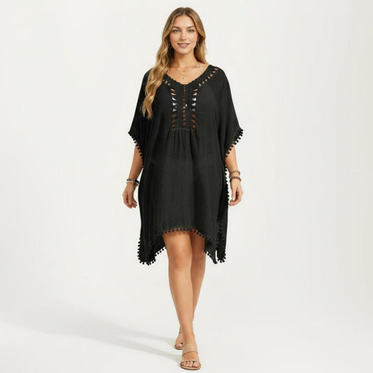 Swim Cover Up Dress with Crochet Cutout Neckline Pom Trim Hem Loose Short Sleeves Relaxed Fit