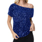 Off-Shoulder Sequin Short Sleeve Top with Relaxed Fit