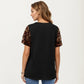 Short Sleeve Top with Leopard Print Mesh Sleeves Round Neck Relaxed Fit Casual Shirt