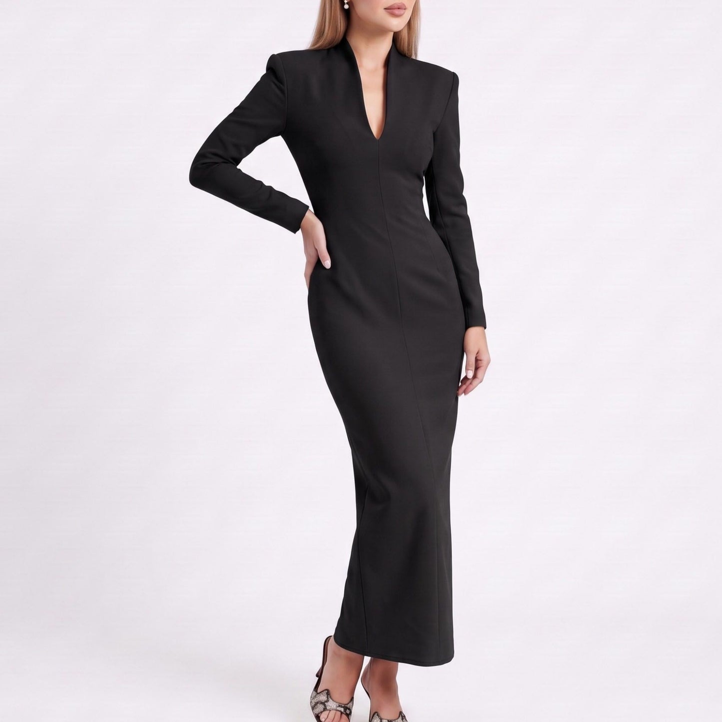 Long Sleeve Maxi Dress with Deep V Neck and Back Slit