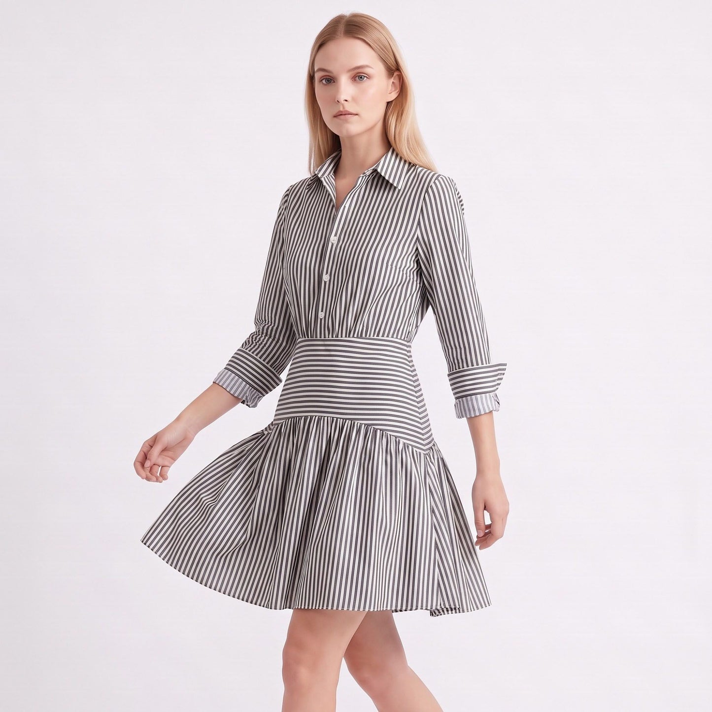 Striped Long Sleeve Collared Shirt Dress with Drop Waist