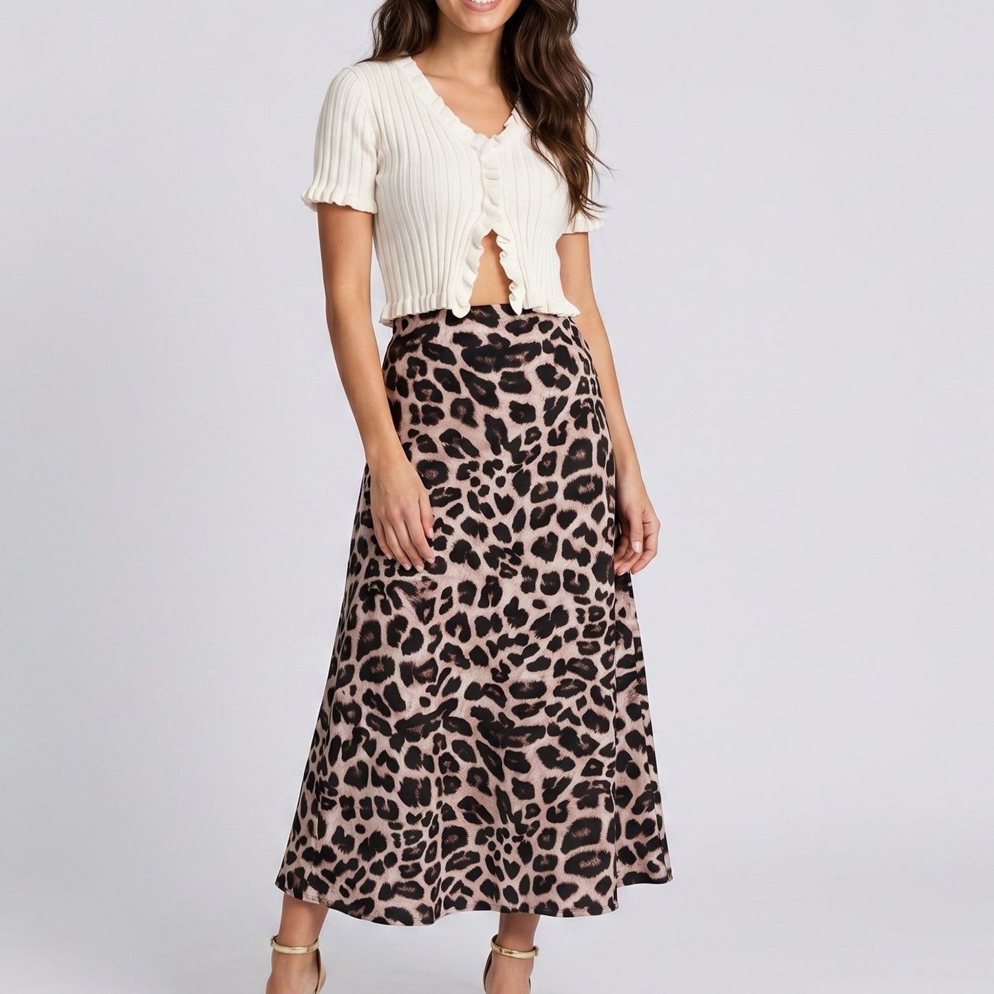 Leopard Print Midi Skirt with High Waist and Flowy A Line Fit