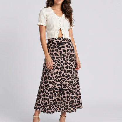 Leopard Print Midi Skirt with High Waist and Flowy A Line Fit