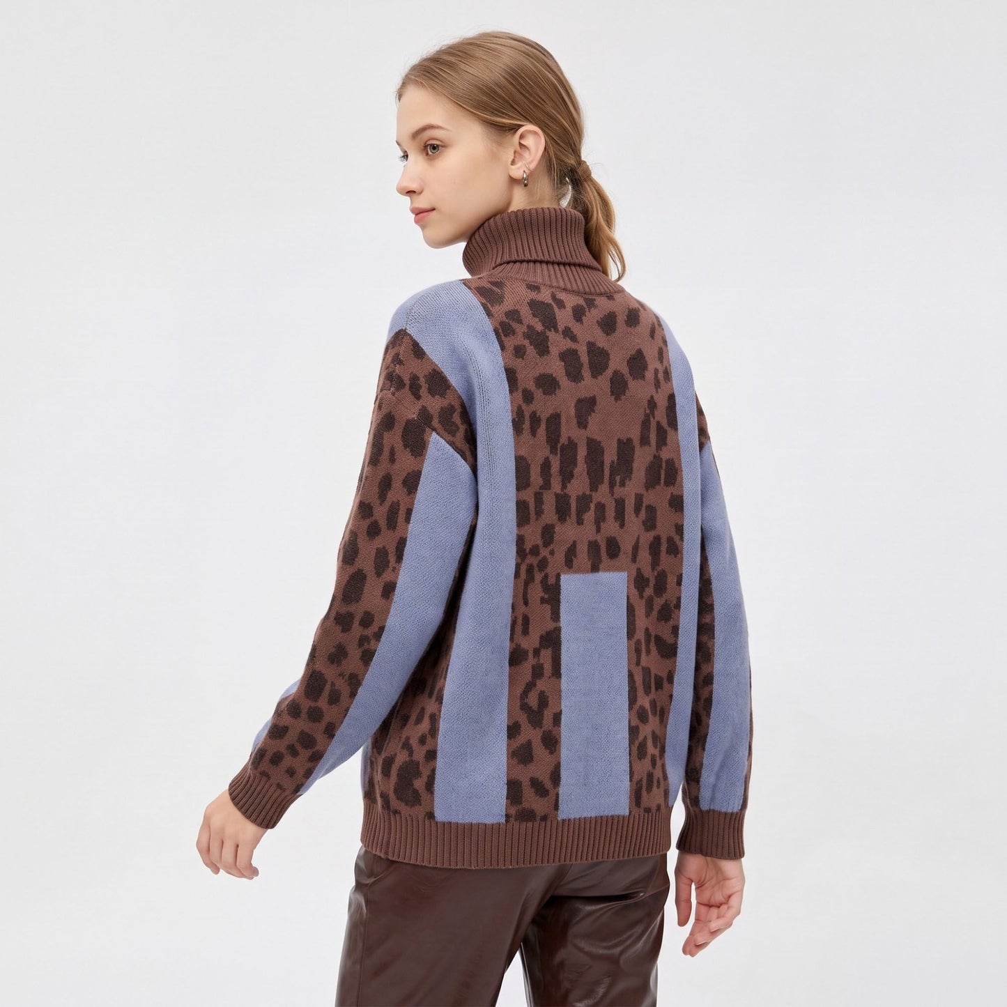 Animal Print Color Block Turtleneck Sweater