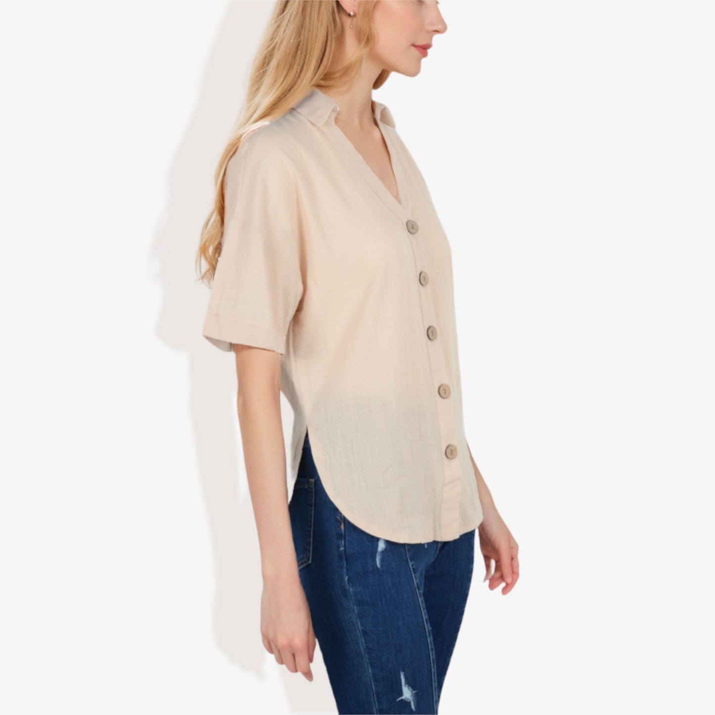 Short Sleeve Button Down Shirt with V-Neckline