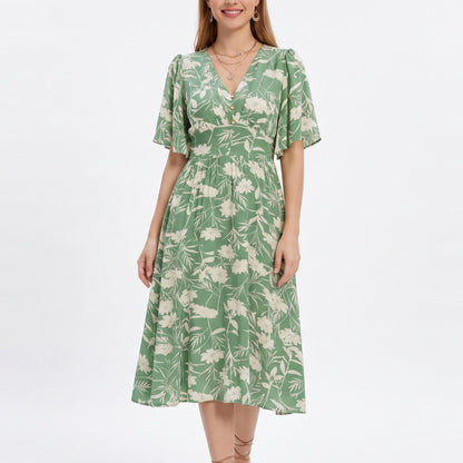 Floral Print Flutter Sleeve Smocked Waist Midi Dress