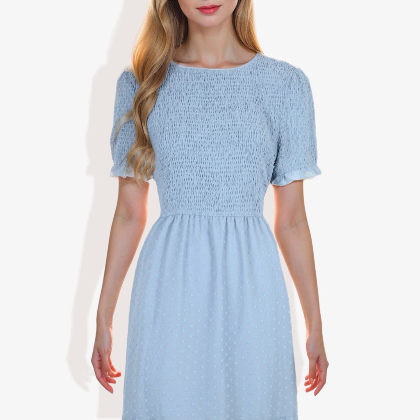 Short Sleeve Smocked Swiss Dot Dress with Ruffle Hem