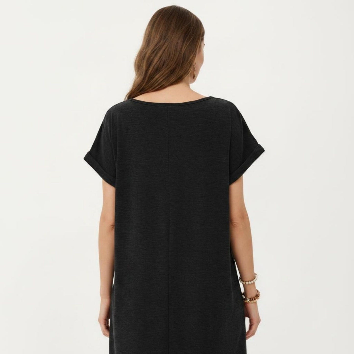 Short Sleeve Shift Dress with Split V Neck Embroidered Detail Relaxed Fit Casual Tunic Dress