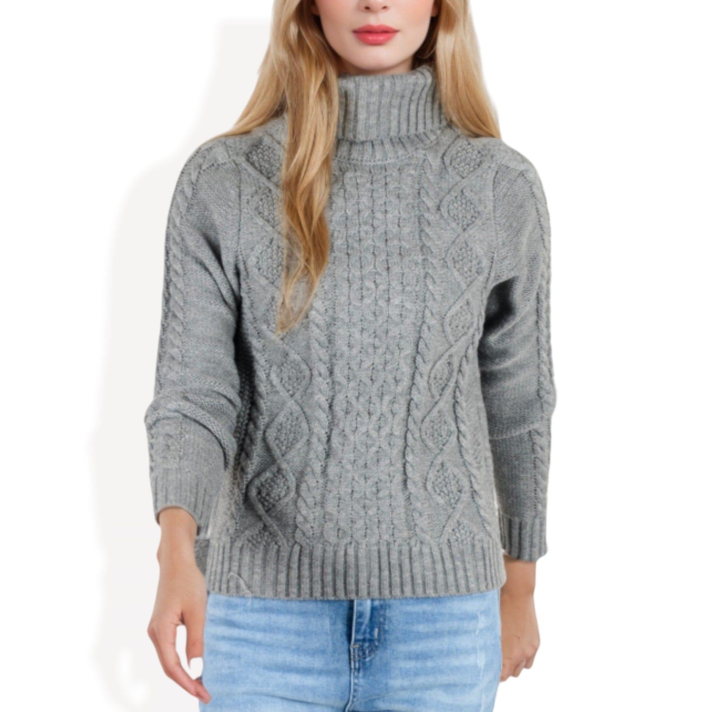 Long Sleeve Cable Knit Turtleneck Sweater