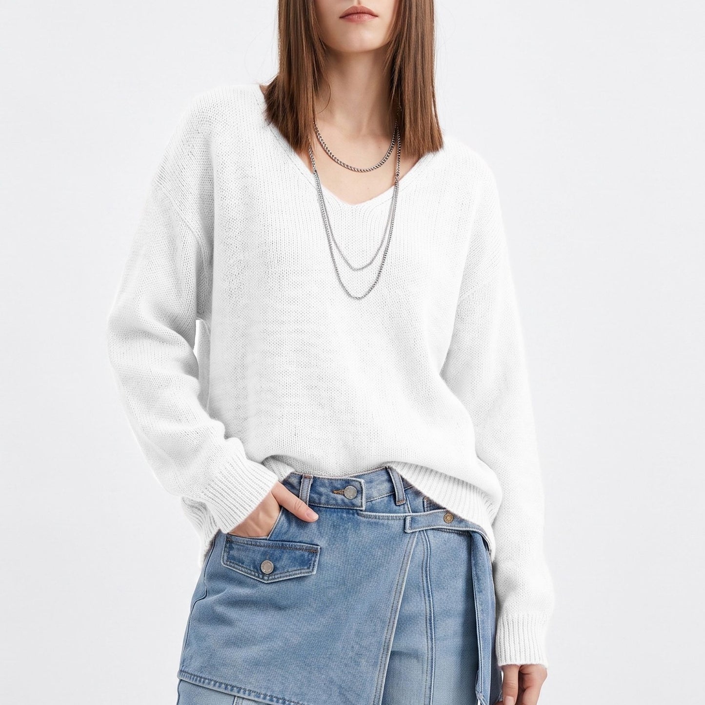 Oversized V Neck Longline Knit Pullover Sweater