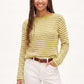 Striped Pointelle Knit Boat Neck Long Sleeve Sweater