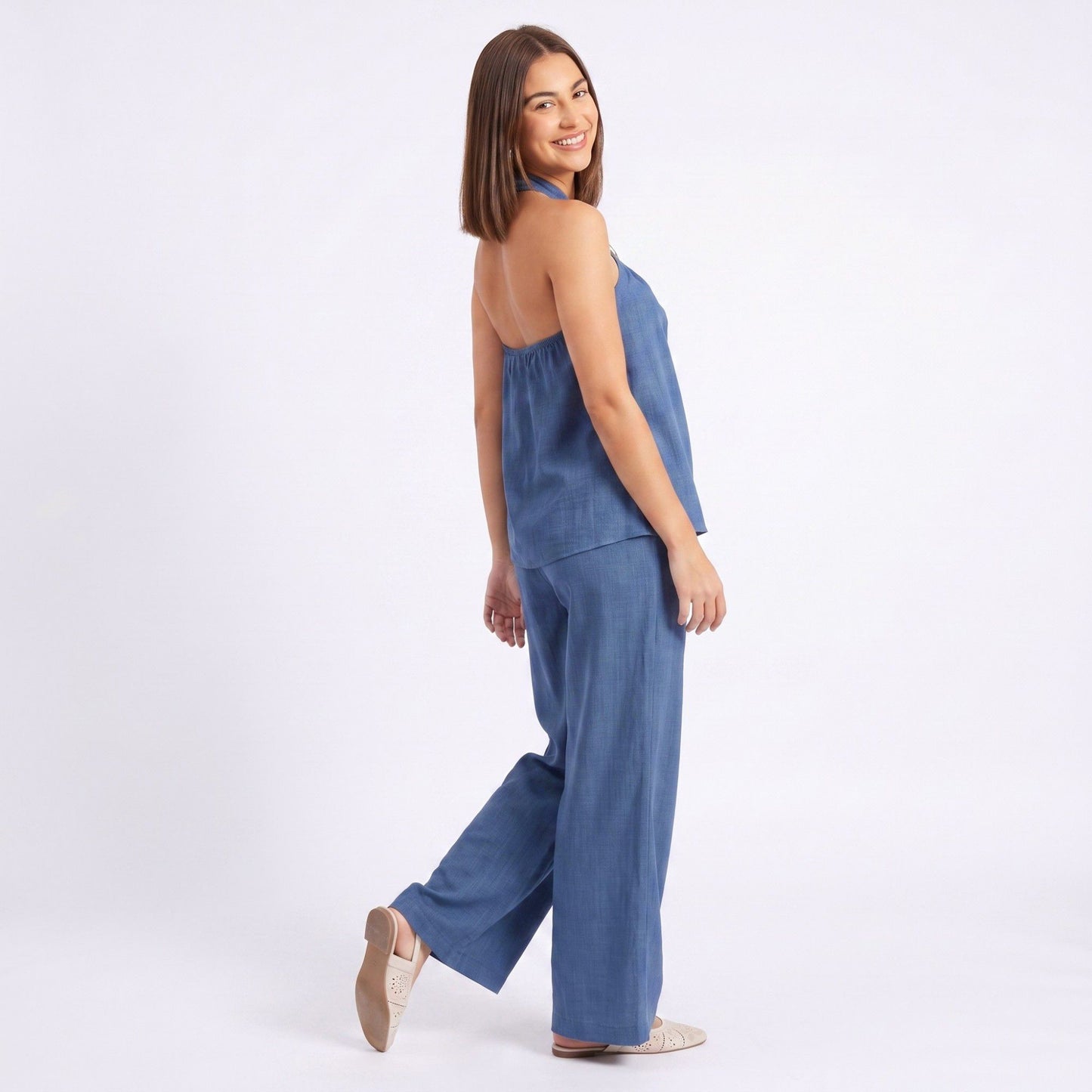 2-Piece Set Halter Ring Top and Wide Leg Pants Matching Outfit