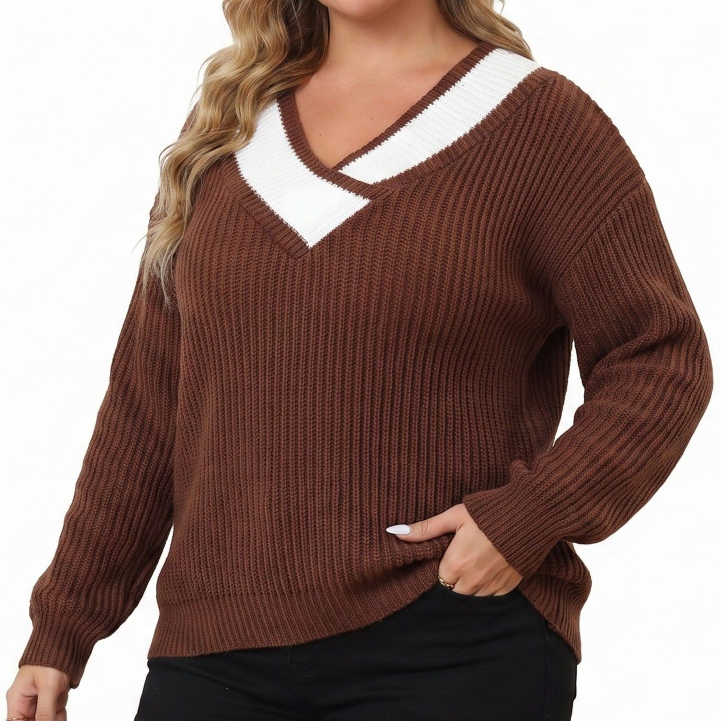 Plus Size Contrast Collar V-Neck Ribbed Sweater