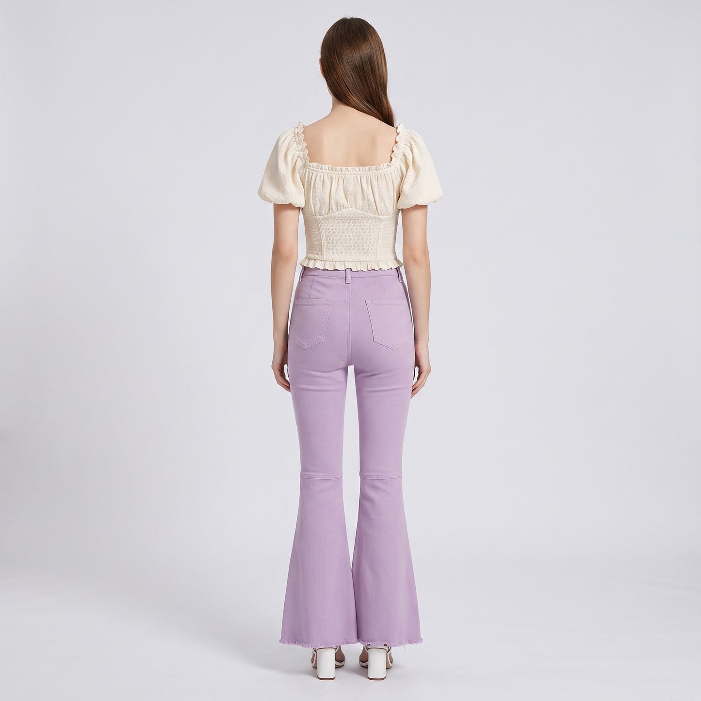 High Rise Flare Pants Button Front Stretch Wide Leg Hem Pants