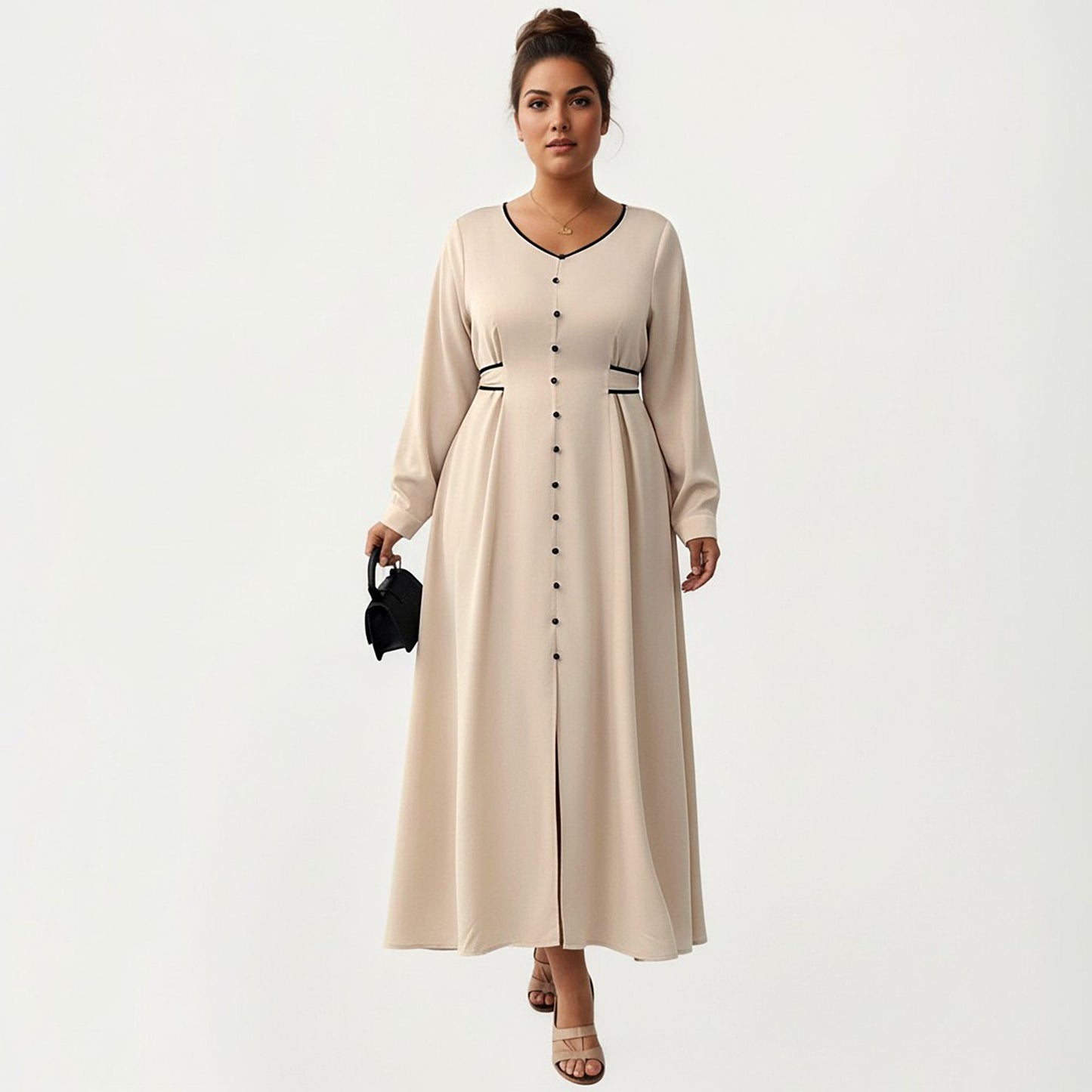 Plus Size Long Sleeve Button Front Maxi Dress with V Neckline Contrast Trim and Defined Waist Detail