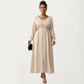 Plus Size Long Sleeve Button Front Maxi Dress with V Neckline Contrast Trim and Defined Waist Detail