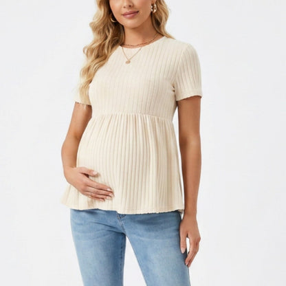 Short Sleeve Rib Knit Peplum Maternity Top with Round Neck