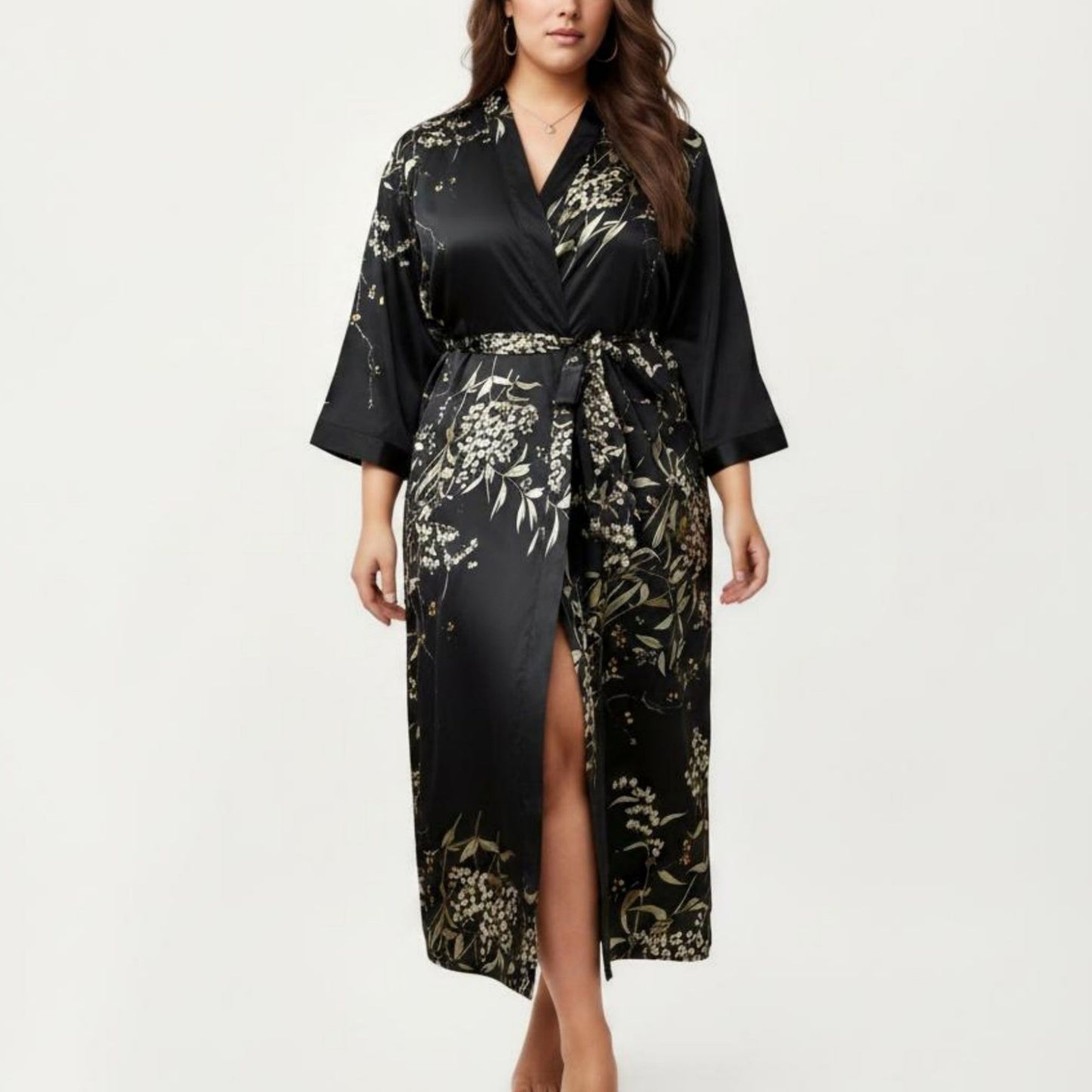 Plus Size Satin Floral Kimono Robe with Self Tie Belt Longline Open Front Lightweight Sleepwear