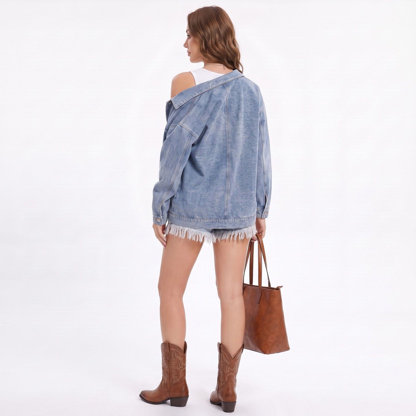Oversized Denim Jacket Button Front Long Sleeve Jean Jacket With Patch Pockets