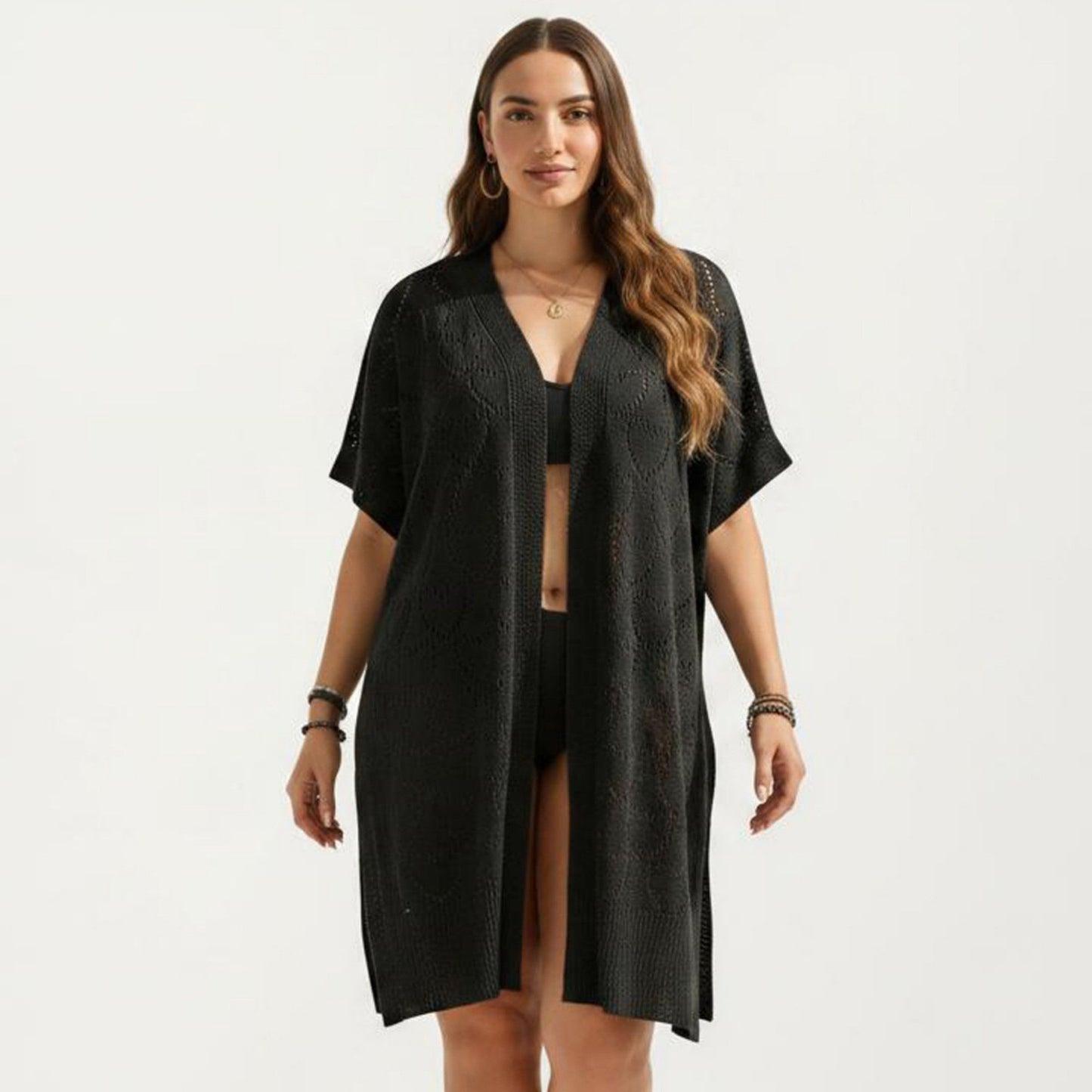 Open Front Knit Cardigan with Heart Pointelle Pattern Short Sleeves Relaxed Mid Length Fit
